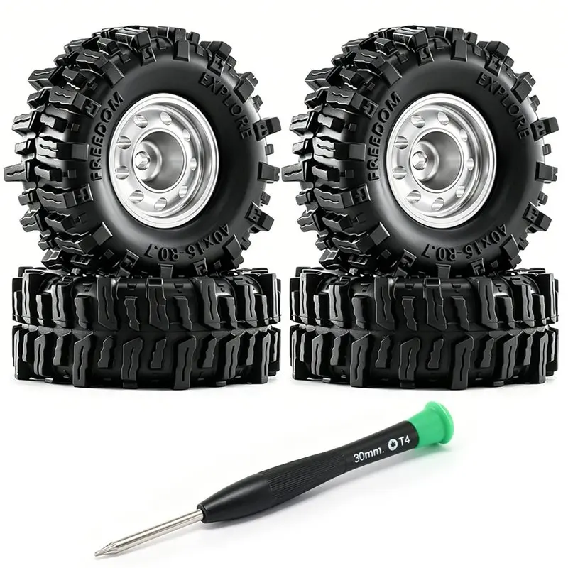FBIL-0.7 Inch RC Rock Crawler Wheel Rims & Tires For 1/30 Axial SCX30 RC Climbing Car For Wrangler K10 Ford Bronco M Silver