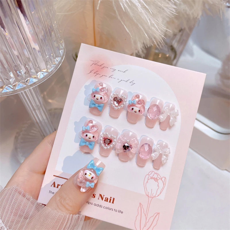 Sanrio My Melody Fake Nails Cartoon anime Cute Nail Patches Fashion Charm Good-looking Nail Sticker Women Kawaii Holiday Gifts