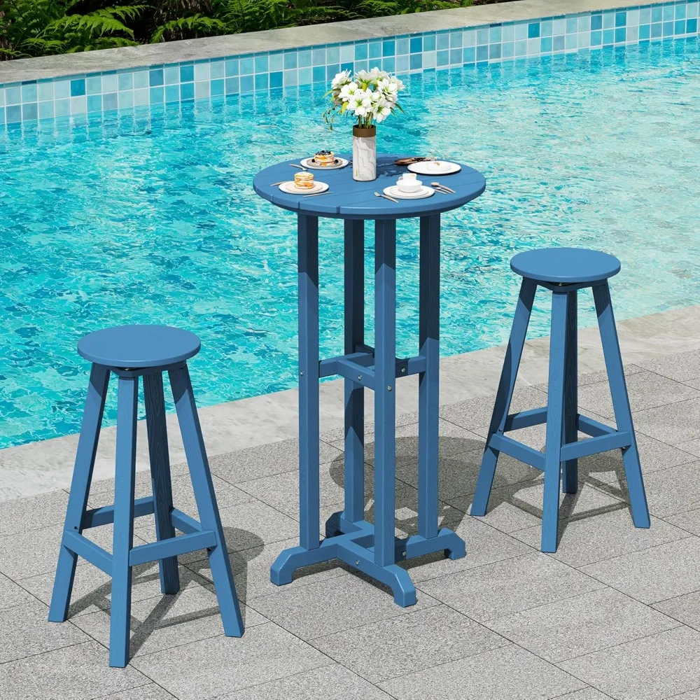 

Outdoor Bar Table and Chairs Set, Round Bar Table with 2 Swivel Bar Stools