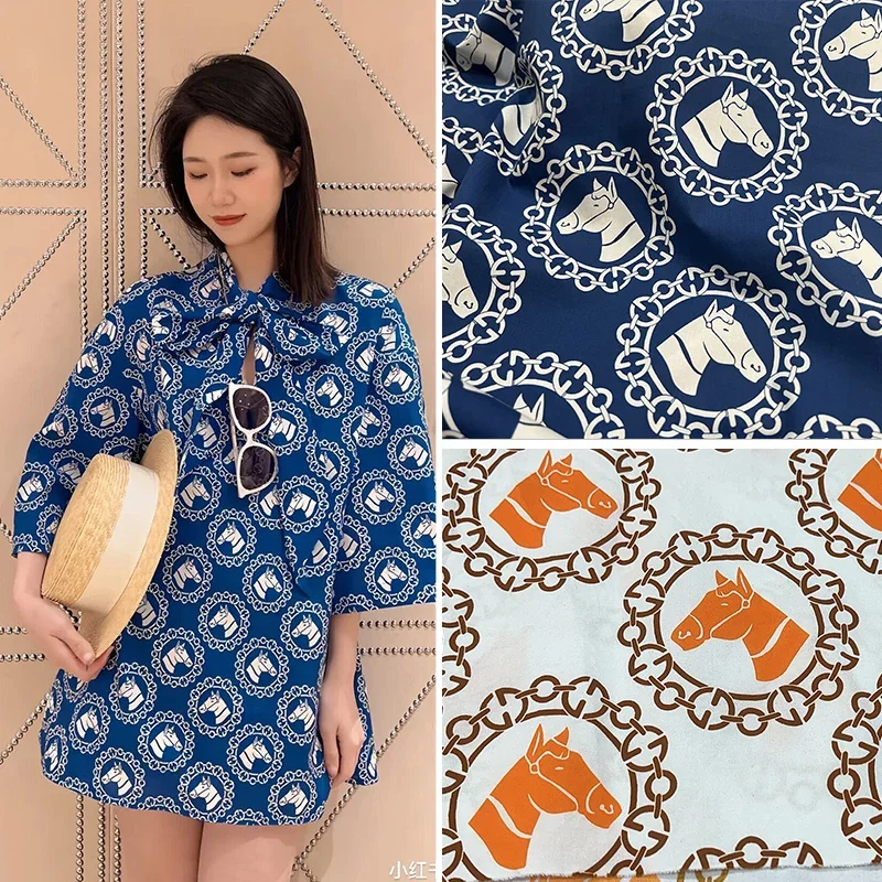 

Spring Summer Fashion Show Pure Cotton Printed Fabric Blue Orange Horse Head High Grade Customized Women's Dress Fabric