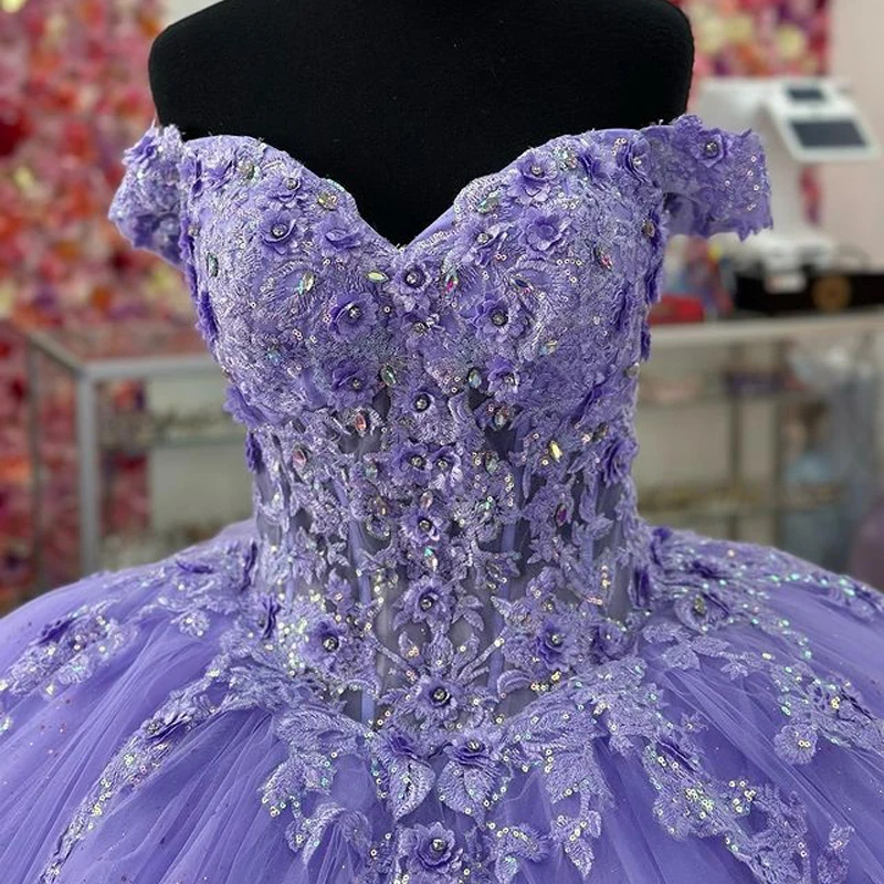 ANGELSBRIDEP Sweetheart Purple Ball Gown Quinceanera Dresses Beaded Appliques Lace Off Shoulder Tulle Sweet 15 16 Dress XV Prom