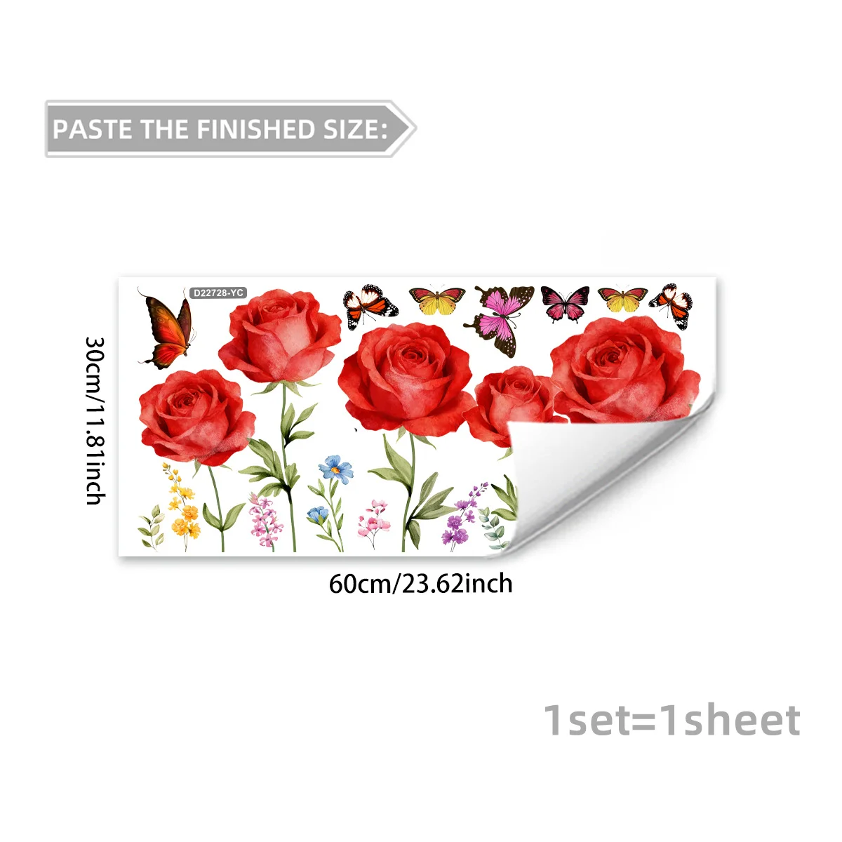 Nicht statisch haftender Fensteraufkleber mit rotem Rosen- und Schmetterlingsdesign für wiederverwendbare Dekoration auf glatter Glas-PVC-Folie.