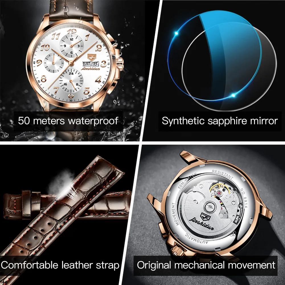 JSDUN Trend Fashion Watch for Men Leather Strap Multifunction Automatic Mechanical Men\'s Watches Original High Quality Men Watch