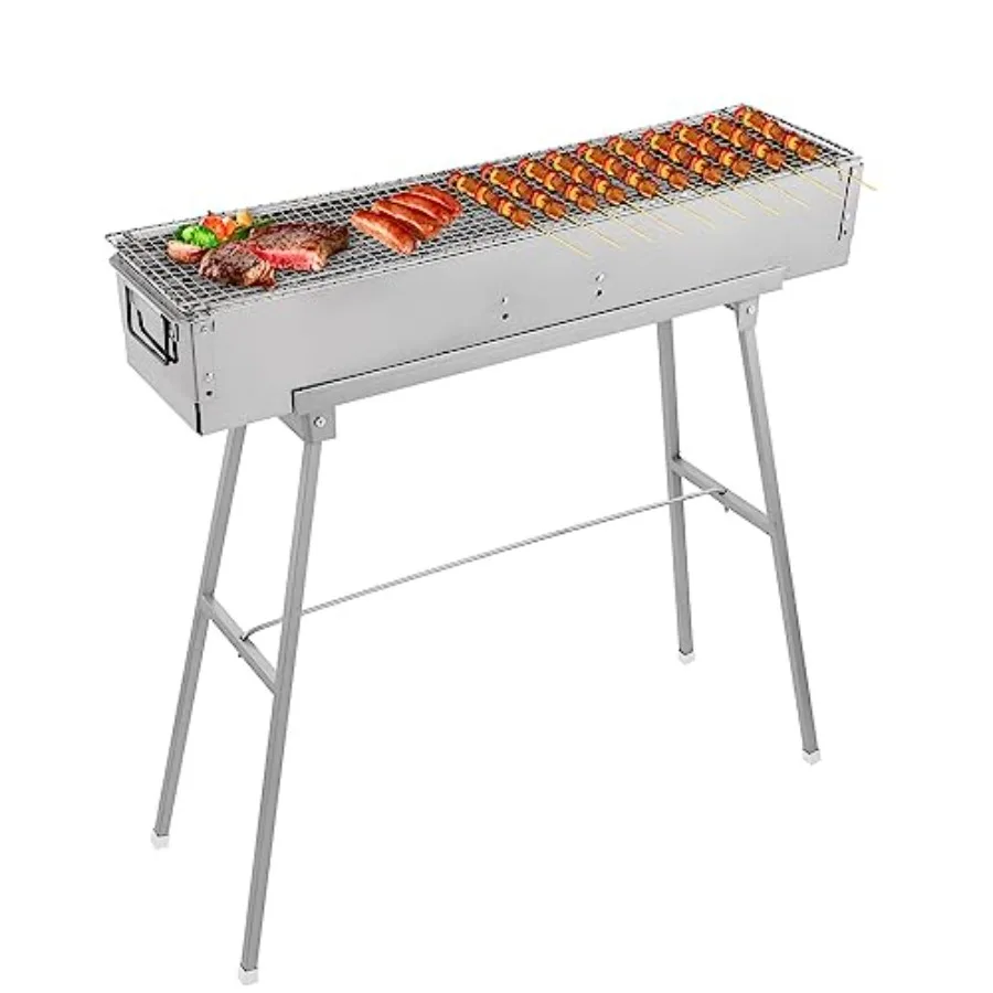Parrillas portátiles de carbón de 32" x 8" de acero inoxidable, plegables, para acampar, con pinchos para kebab, kit de barbacoa para jardín y patio trasero.