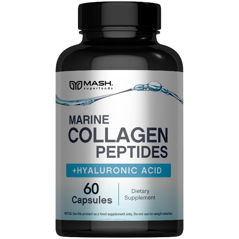 Cápsulas de colágeno marino con ácido hialurónico, aloe vera, vitamina C y E - Promueven la firmeza de la piel, uñas y cabello fuertes, y articulaciones saludables