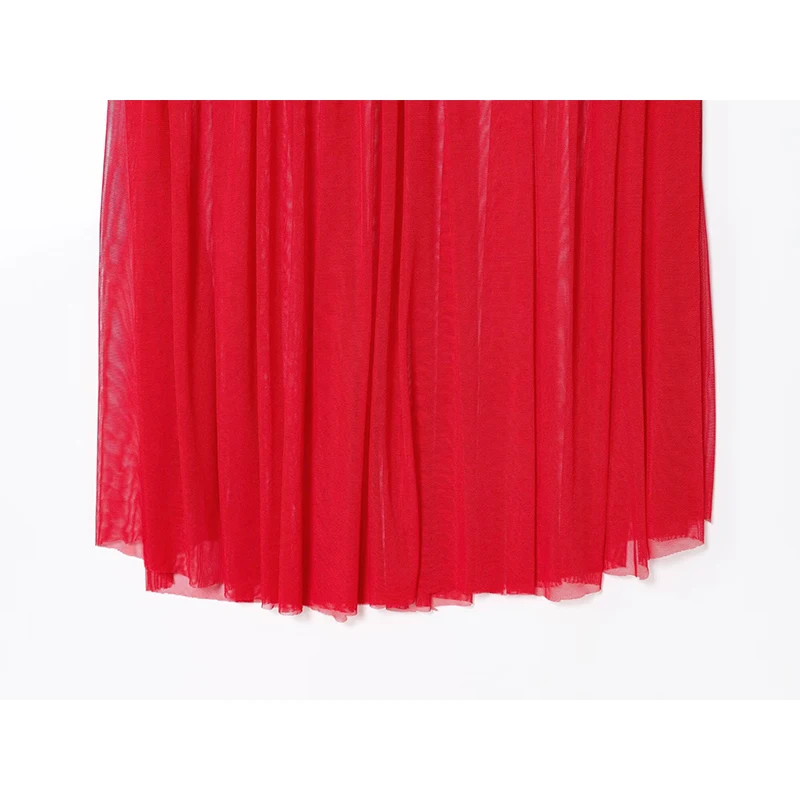 YENKYE Rosso Pieghettato Abiti Lunghi Da Sera Del Partito Per Le Donne di Modo Semitrasparente Maglia Patchwork Collo Alto Vestito Sexy Maxi Abiti