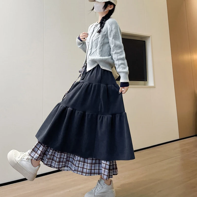 Gonne lunghe patchwork finte in due pezzi Donna Autunno Gonna longuette in velluto a coste vintage Donna Elegante gonne maxi con lacci in colore a contrasto