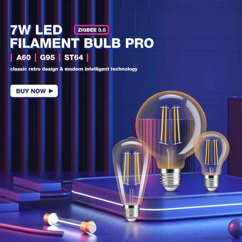 Gledopto Zigbee 3.0 7W Retro Style Filament LED Bulb Light E27 Smart CCT Dimmable ST64/A60/G95 For Indoor Decorative Lighting