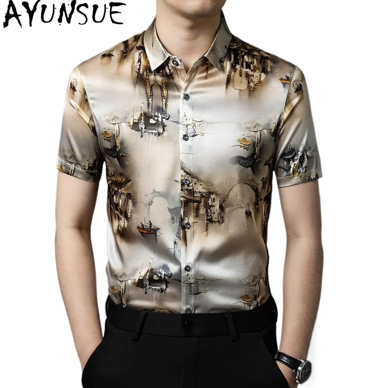 

AYUNSUE 92.5% Natural Mulberry Silk Shirts Men Summer Short Sleeve Tops Casual Floral Shirt Man Clothes 2026 High-end Silk Shirt