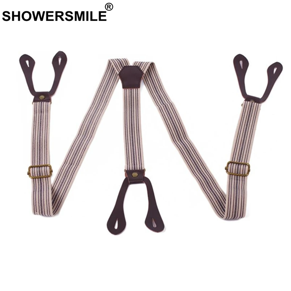 Showersmile Tombol Suspender Pria Kawat Gigi Bergaris Kopi Y Back Adjustable Pria Wanita Suspender Inggris Vintage Celana Tali