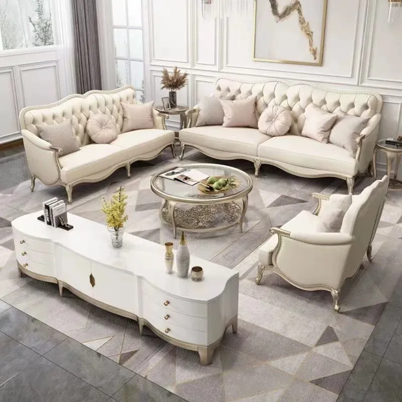 Light luxury solid wood modern genuine leather sofa villa combo living room furniture