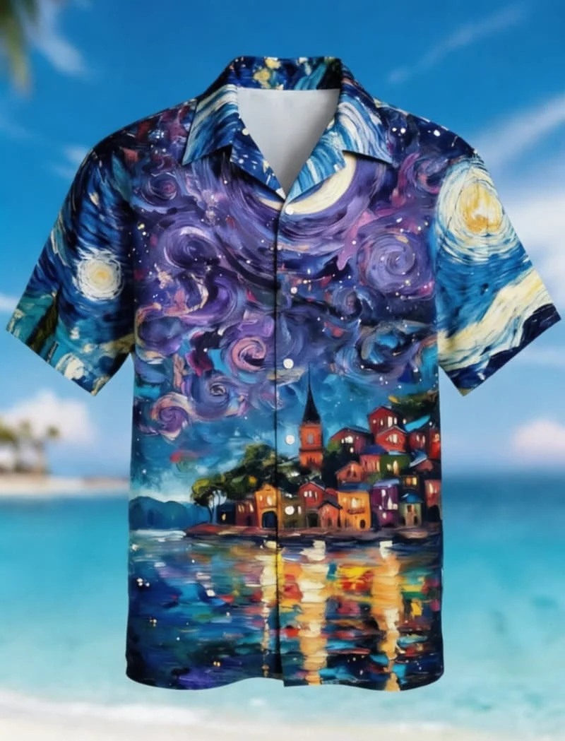 Men's Starry Night Palm Island Print Shirt, Tropical Art Design for Summer Parties, Beach Events, Vacation & Daily Outfits
