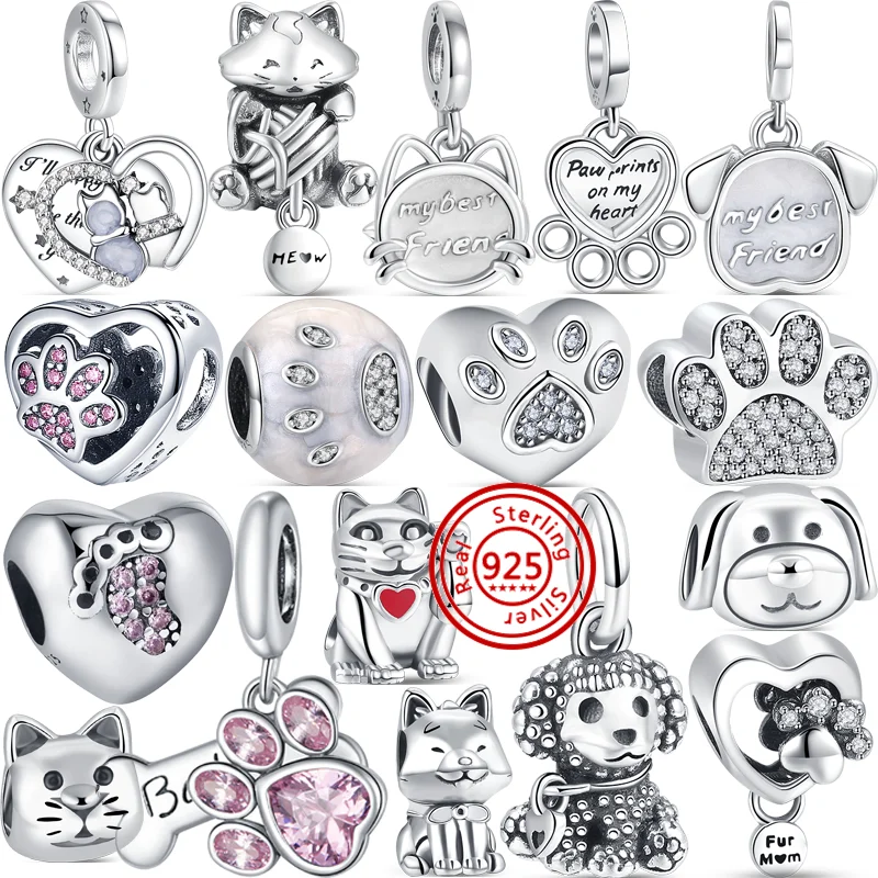 

100% 925 Sterling Silver Paw Print Lucky Cat Dog Cute Puppy Charm Beads Fit Original Pandora Charms Bracelet Women Girls Jewelry