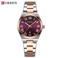 CURREN-reloj de cuarzo para mujer, cronógrafo con pantalla analógica de ocio, correa de acero inoxidable, color oro rosa y morado, regalo a la moda, 9095