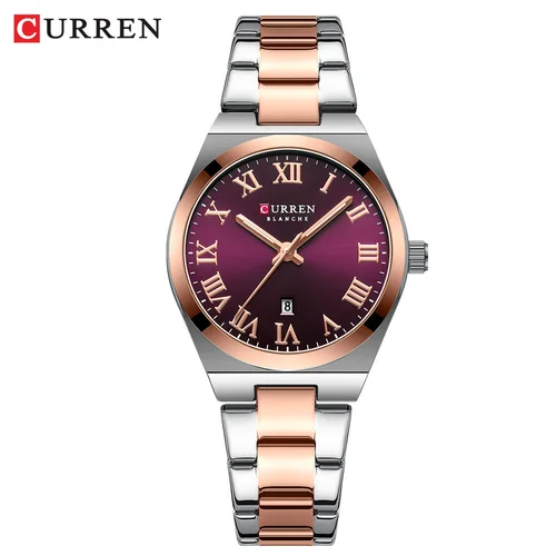 Imagen 1 del producto Reloj CURREN 9095 de cuarzo para mujer, calendario de moda, resistente al agua, luz nocturna, oro rosa, morado, correa de acero inoxidable para mujer