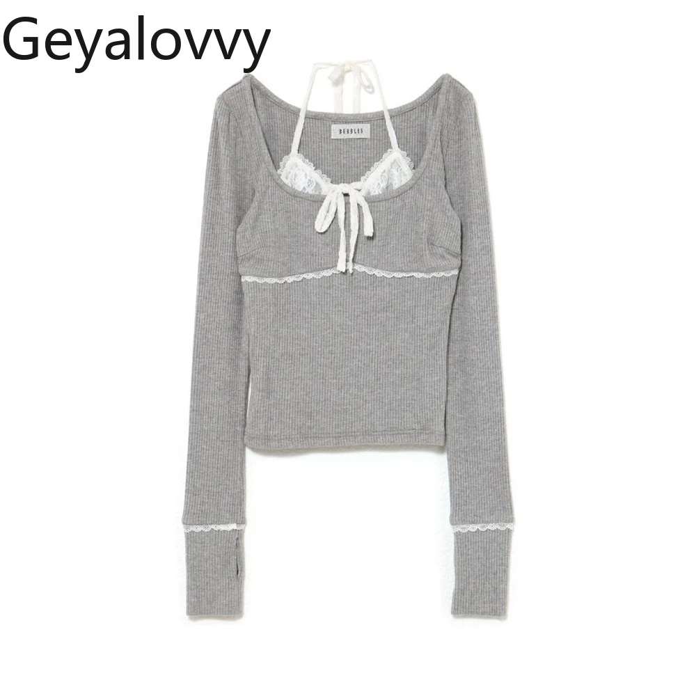 

Кружевная лоскутная футболка в японском стиле с завязками, эластичная футболка с длинными рукавами из двух предметов, весенне-осенний новый универсальный милый милый женский топ