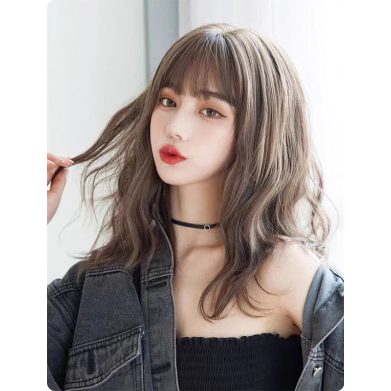 Korean Curly Wigs for Women Female Medium Long Hair with Air Bangs Full Headgear Natural Fluffy Wig 45cm