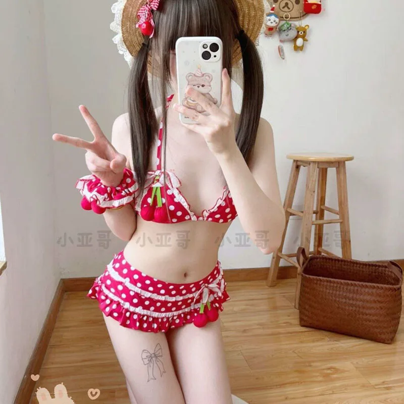Japanese Kawaii Girls Swimsuit Sweet Printed Bikini Set for Women Trendy Split Swimwear Women's Beach Vacation Bathing Suit Swim