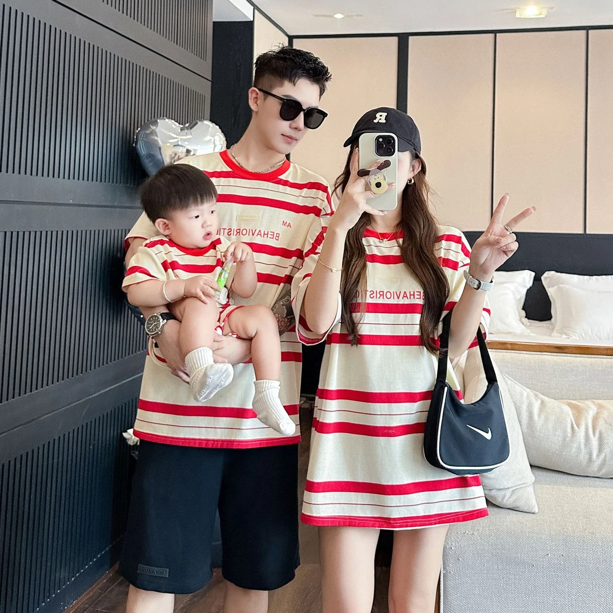 Family Red Striped T Shirts 2024 Summer Father Mother and Daughter Son Matching Cotton Short Sleeve Tee Shirt Newborn Bodysuit