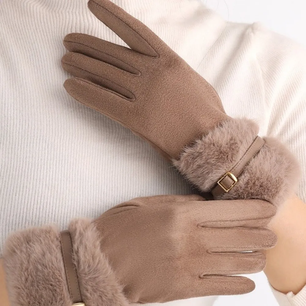 هدية قفازات شتوية من جلد الغزال المخملي سميكة كاملة الأصابع قفازات نسائية على الطراز الكوري مع بطانة من الصوف قفازات ركوب الدراجات للفتيات #4