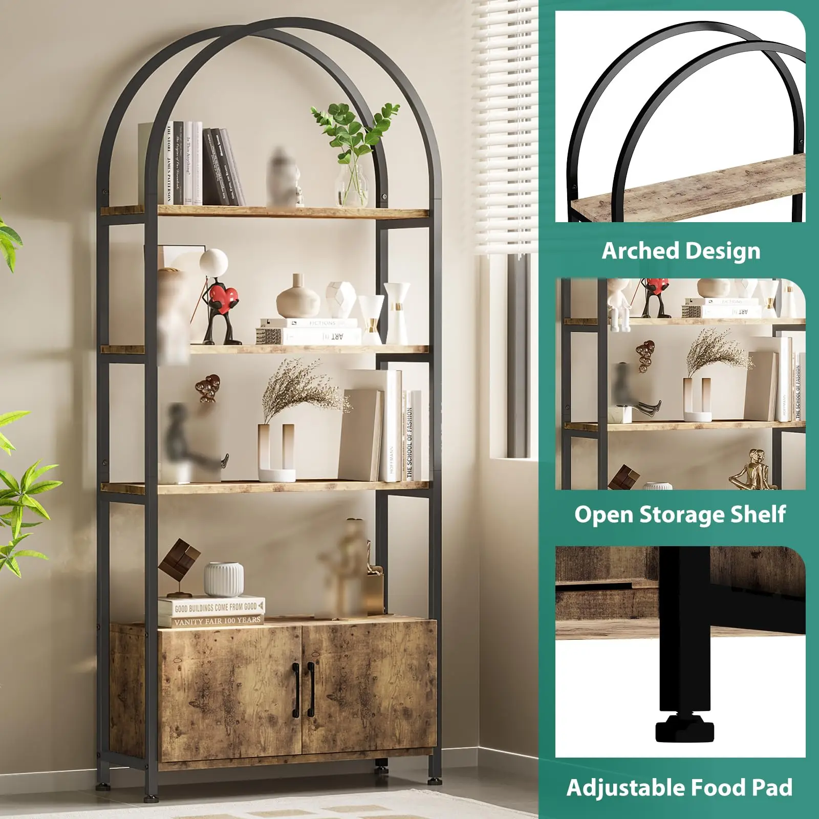 Arched Bookshelf, 4-Tier Bookshelf and Bookcase with Doors Storage, 71.5 Inch Tall Open Bookcase for Living Room Bedroom Office