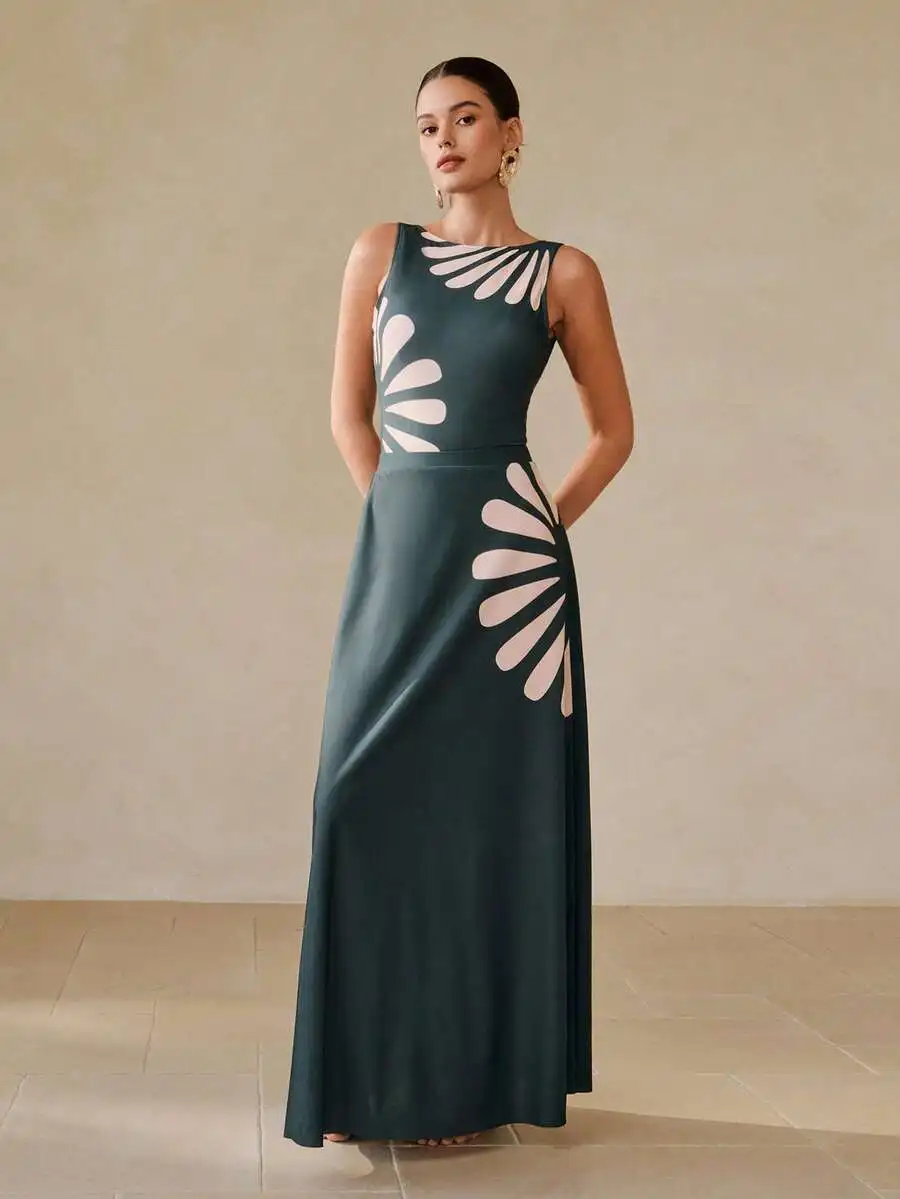 

Elegant Sleeveless Floral Print Maxi Dress For Women Summer Beach Vacation Outfit