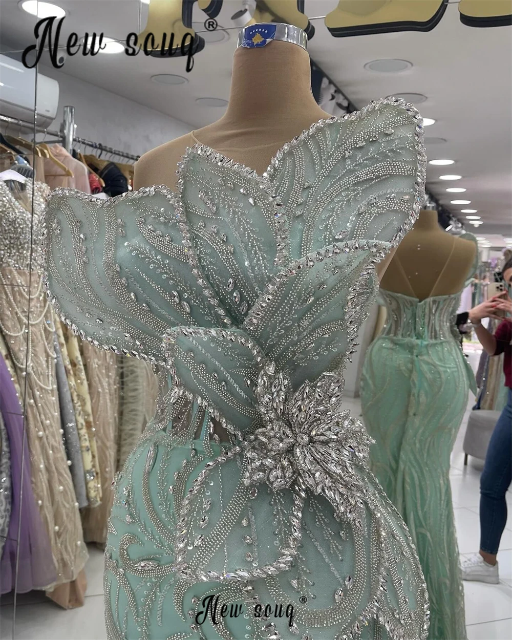 Long Mint Green Crystals Leaf Prom Dresses Aso Ebi Couture Fashion Formal Wedding Party Gowns for Women Second Reception Dress