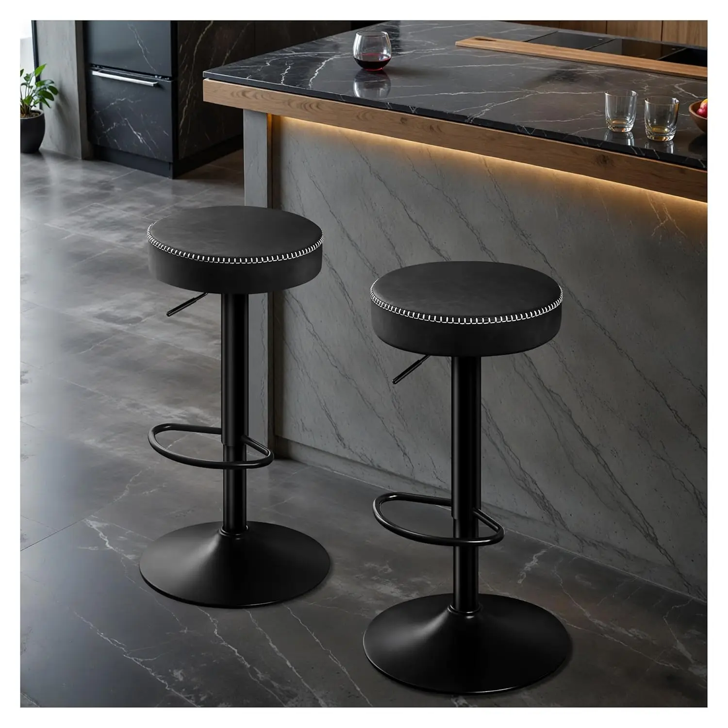 

Swivel Bar Stools Set of 2 Black Microfiber Leather Counter Height Bar Stools with Round Seat Adjustable Backless, Customized