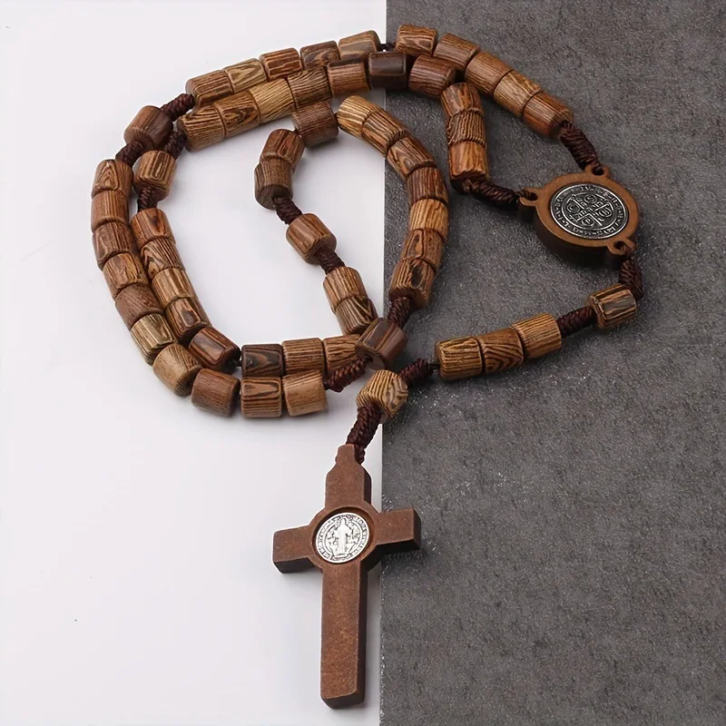 5Pcs Handmade Wooden Rosary Necklace St Benedict Medal Barrel Wood Beads Catholic Prayer Rosary Religious Cross Necklace for Men