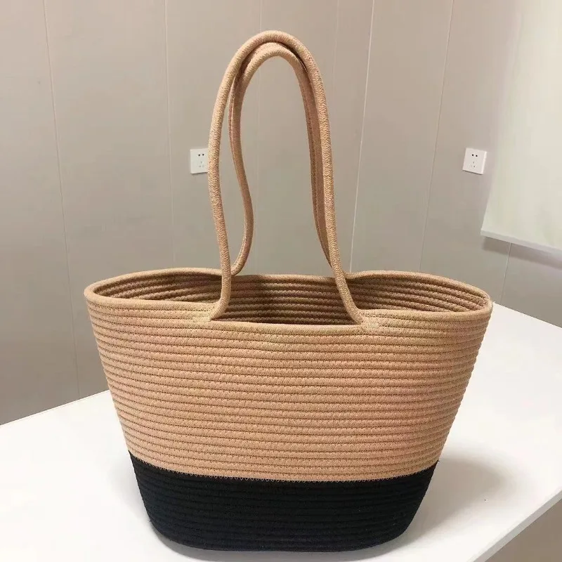 

Rural Woven Handbag Handmade Cotton Rope Beach Bag High-end Feel