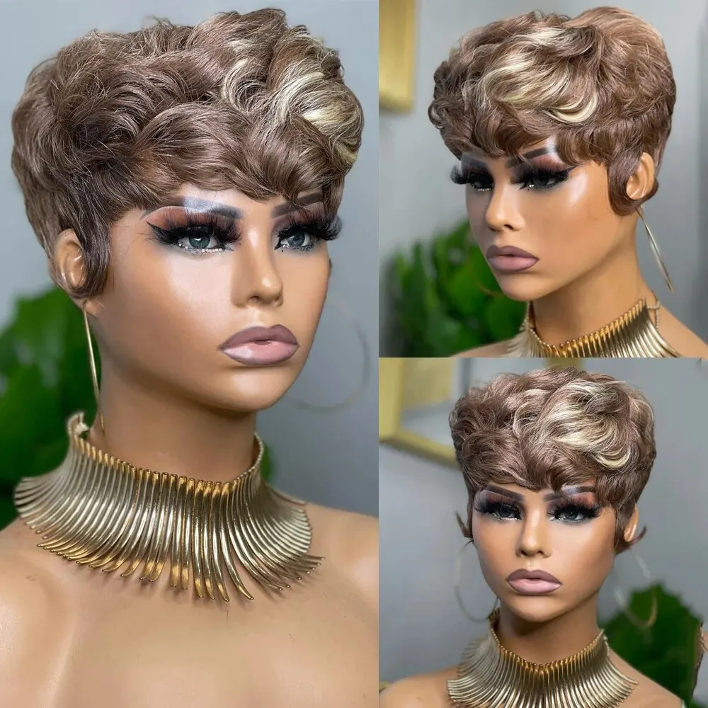 Highlight Platinum Blonde Pixie Cut Curly Human Hair Short Bob Wigs With Bangs Ash Blonde Colored Full Machine Made Wig