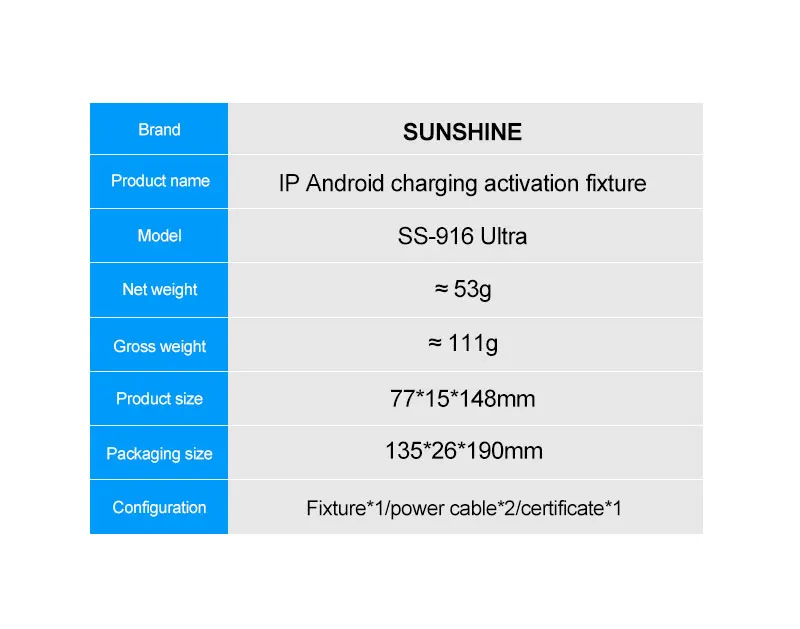 SUNSHINE SS-916 Ultra Charging Activation Fixture 5-9V Adaptive Voltage Support to IP6G-IP17 and Android Models
