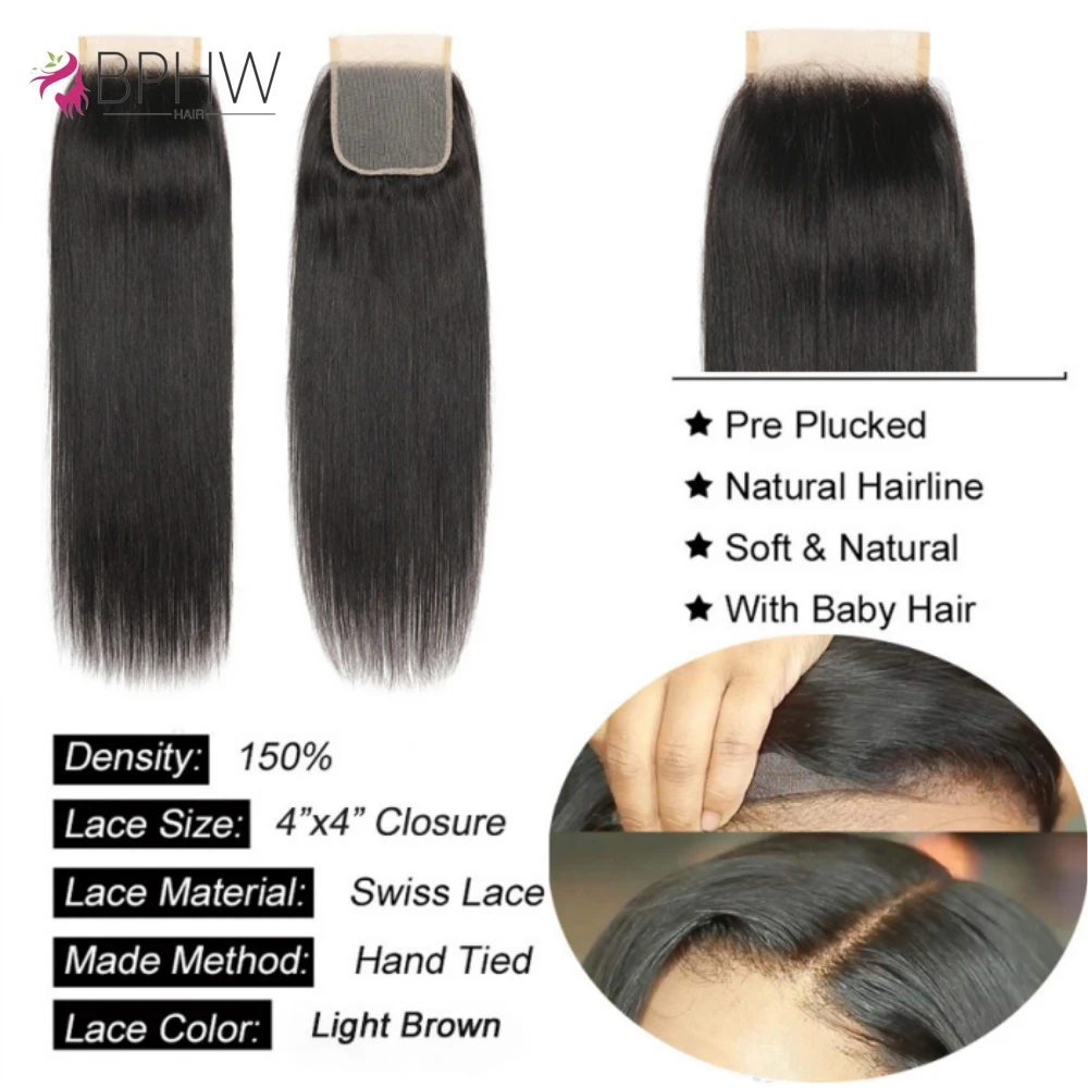 Straight Human Hair Bundles with Closure 4x4 Raw Peruvian Hair Extensions Weave 3 Bundles with Closure Natural Color For Women