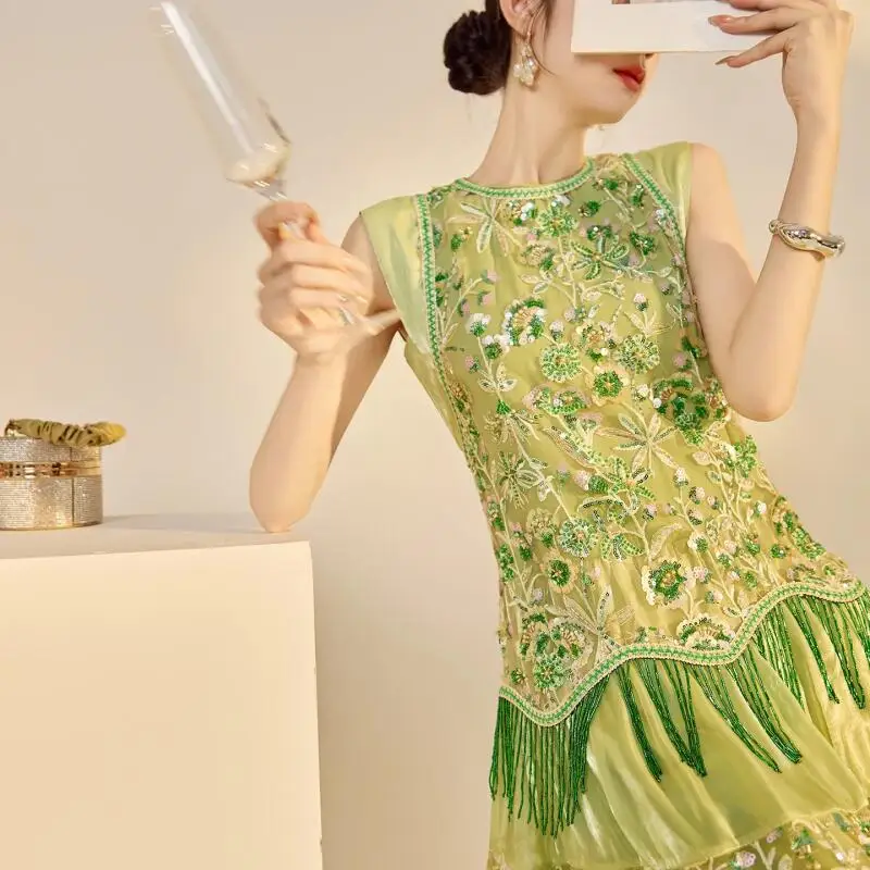 Luxury Temperament Long Dress New Chinese Style Beaded Embroidery Qipao Women Sleeveless Cheongsam Evening Party Dress Vestidos