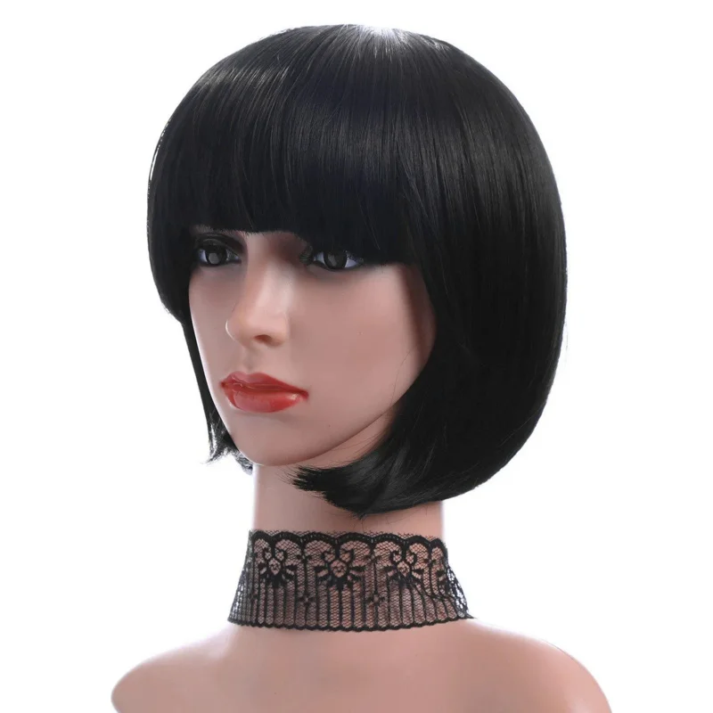 

Short Bob Wigs Bla Wig for Women with Bangs Straight Synthetic Wig Natural As Real Hair 12''