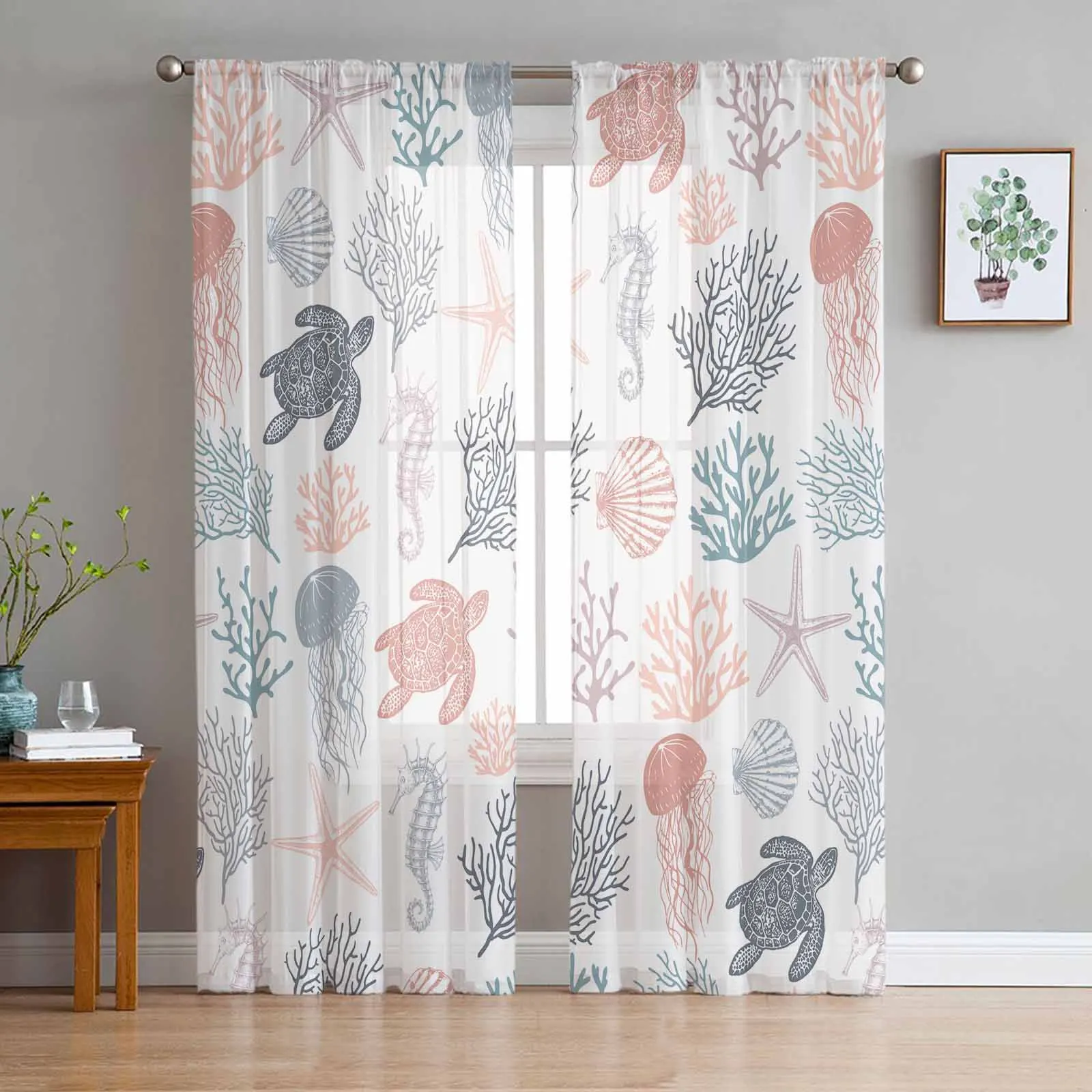 Marine Coral In Summer Triangle Tulle Sheer Window Curtains For Living Room Kitchen Children Bedroom Voile Hanging Curtain