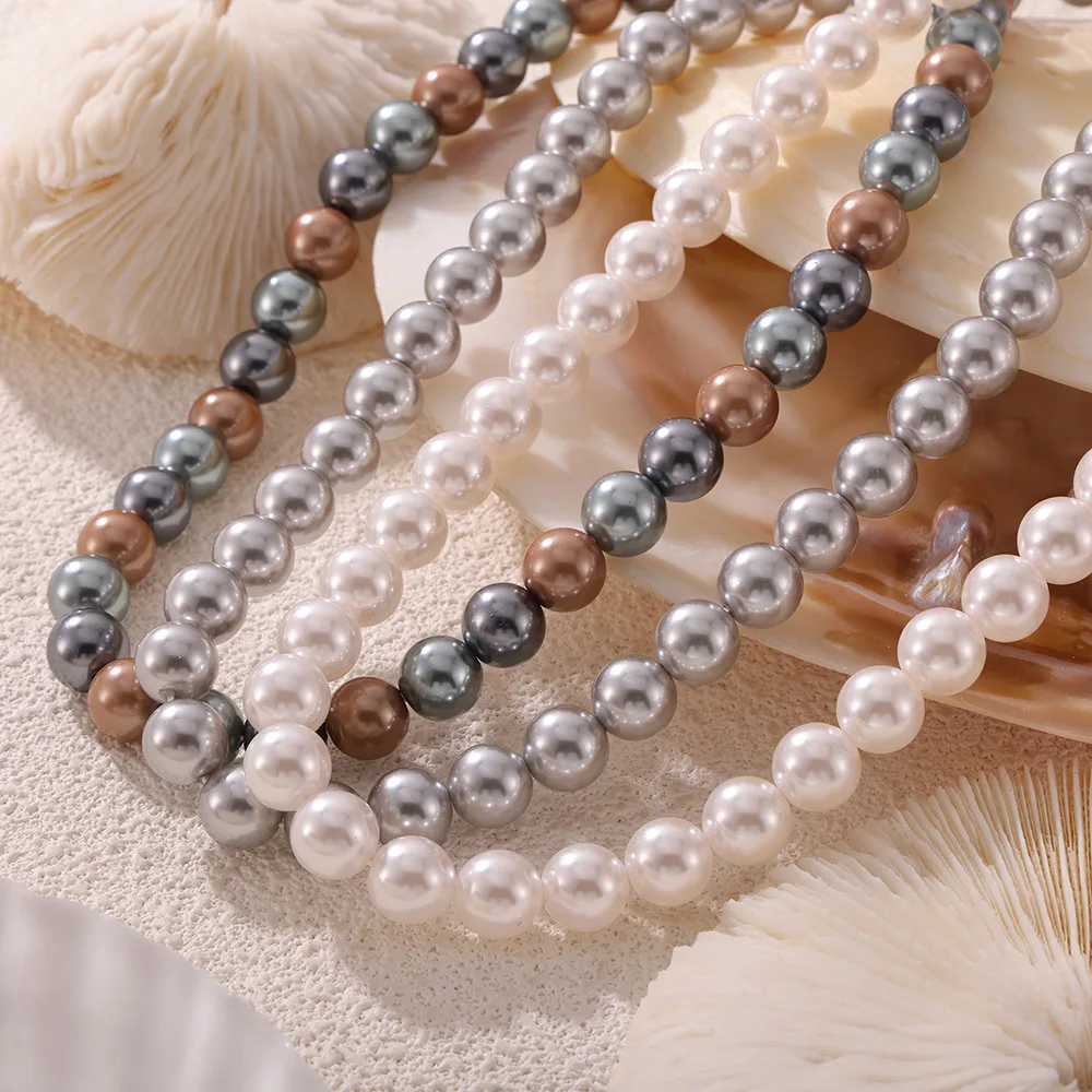 Fashion Imitation Pearl Necklace Women\'s Gray Mixed Color Round Big Beaded Chain Girl Elegant Necklace Jewelry Gift