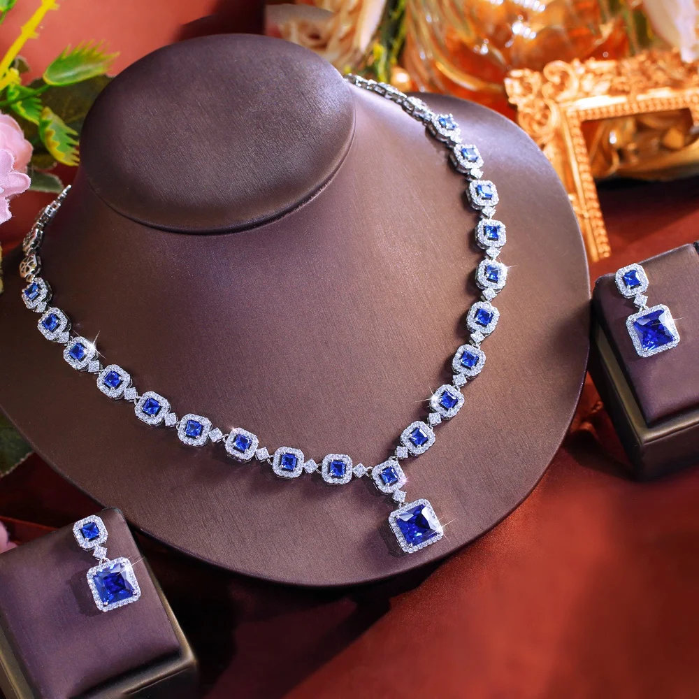 Pera Gorgeous Blue Tanzanite&CZ Paved Square Pendant Necklace Earrings Luxury Wedding Jewelry Sets for Women Banquet Dress J402