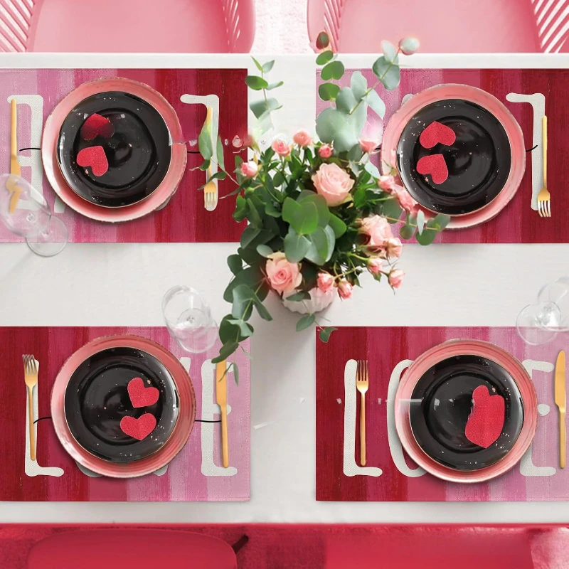 4 قطعة المفارش عيد الحب رومانسية القلب المفارش الحب طاولة طعام خمر الحب قلوب مكان الحصير المنزل المطبخ 2025 جديد