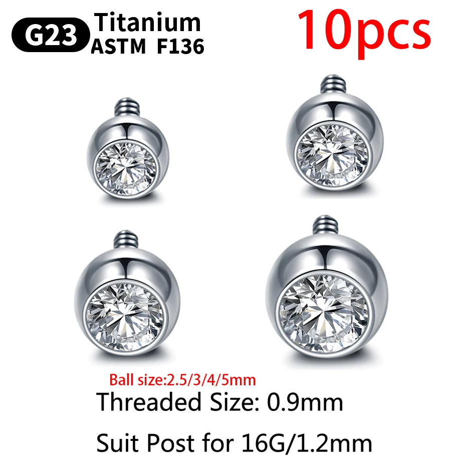 10 Stuks G23 Titanium Bal Lichaam Sieraden Accessoires 14G 16G Zirkoon Buitendraad Labret Oorbellen Barbell Bal