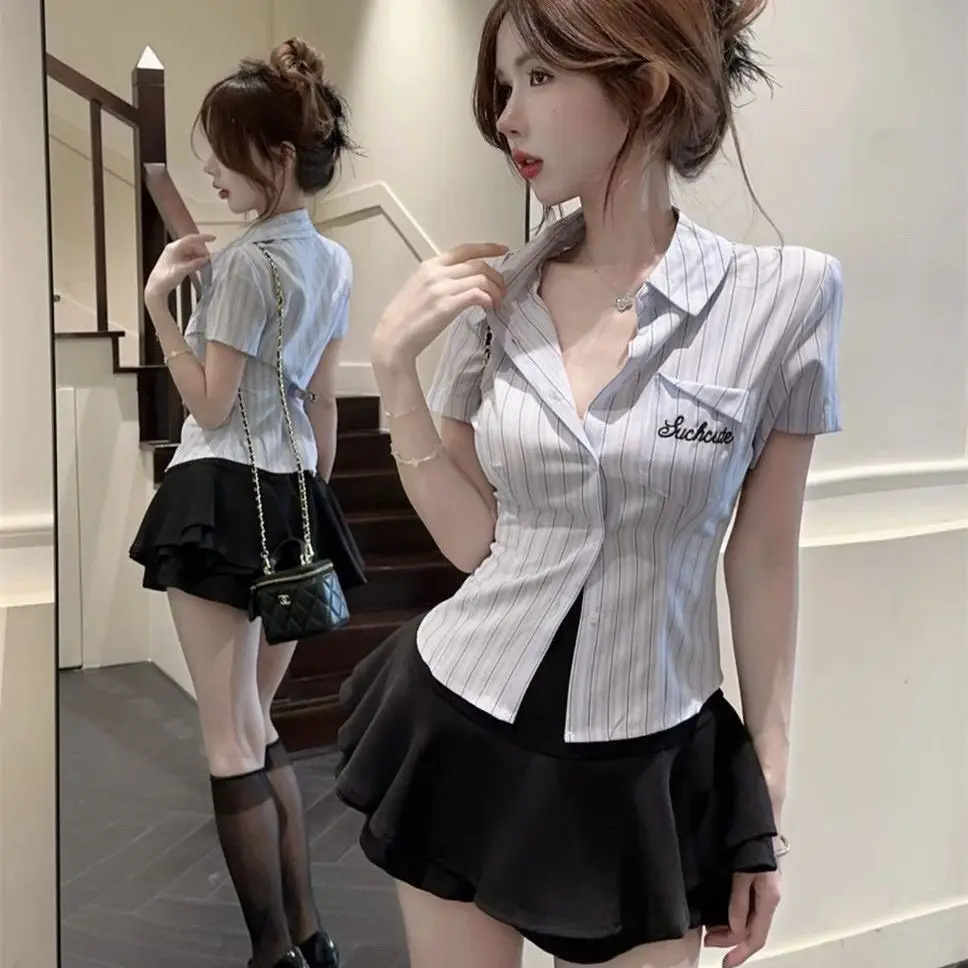 

JK Academy Style Set for Women's Summer New Style Slimming and Striped Shirt High Waisted Skirt Two-piece Set