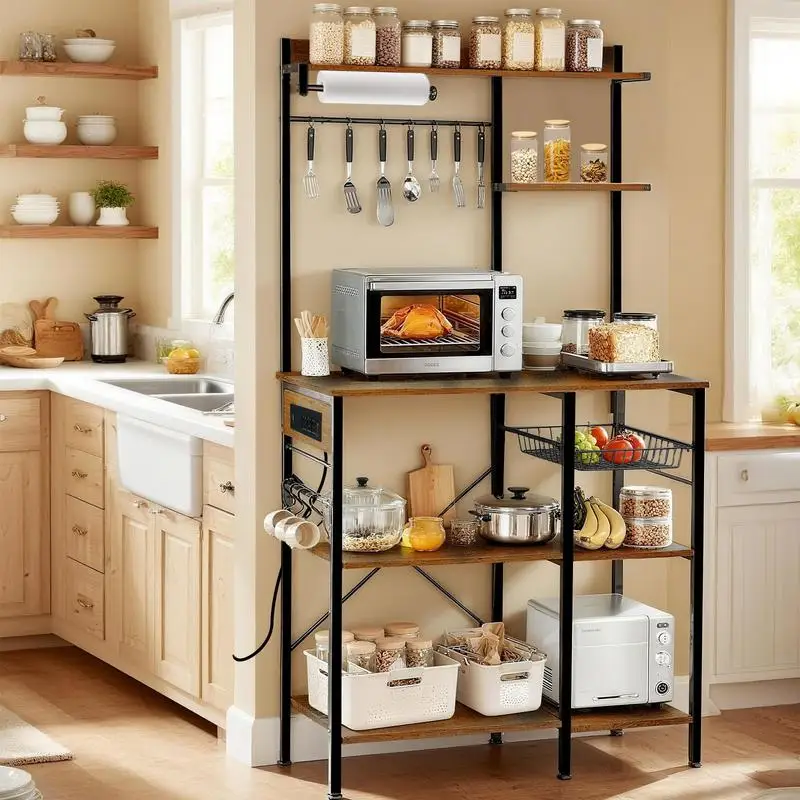 Metal Bakers Rack with Power Outlet, Microwave Stand for Kitchen Storage, Coffee Bar Organizer with Hooks, Includes Wire