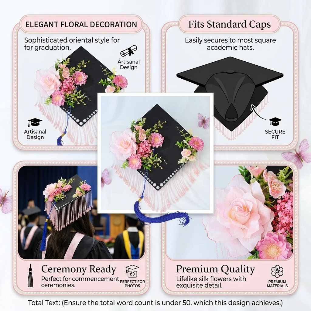 Floral Hair Ornament Stable Graduation Cap for University Commencement New Chinese Style Silk Flower Hanfu Photography