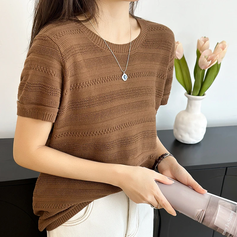 Summer 100% Pure Cotton Women's T-Shirt Casual Hollow Knitted Pullover Short Sleeved Loose Round Neck Tees Pull Vest Tops