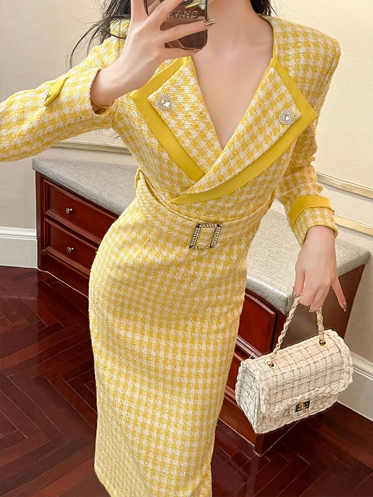 Women\'s Elegant Style Professional Dress Celebrity Yellow Sequins Turn-down Collar Belt Slim Robe Party Business Vestidos Mujer