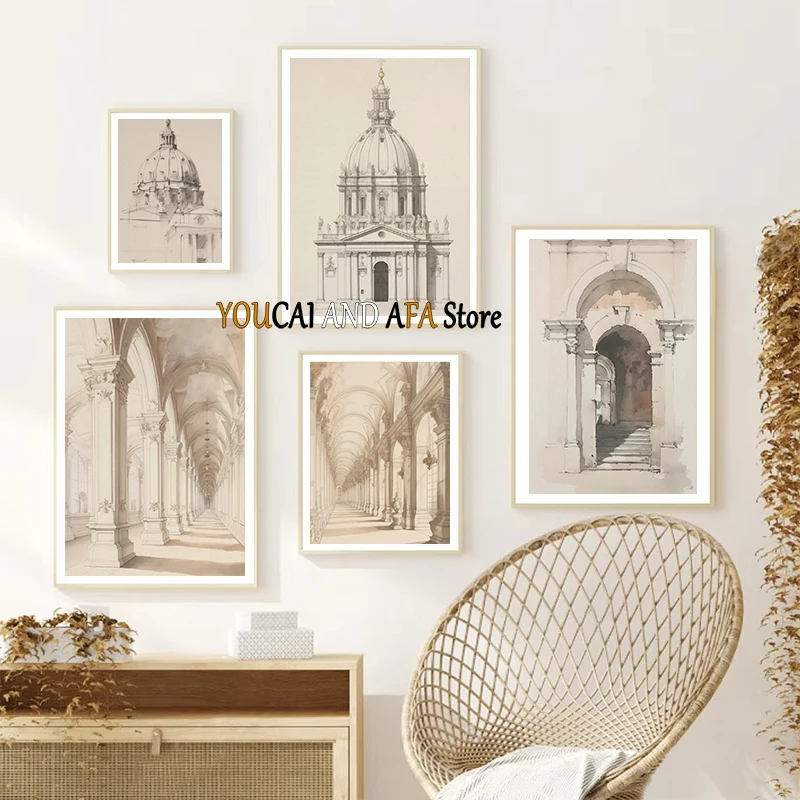Minimalist Ancient Roma Architecture Classical Architecture Drawing Antique Roman Building Sketch Poster Canvas Painting Decor