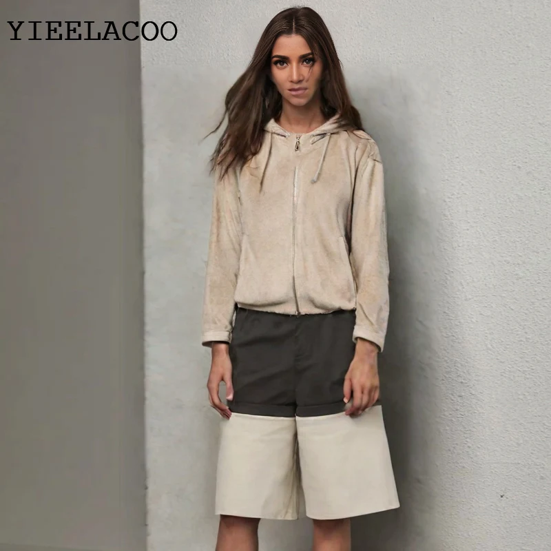 

Hooded suede women's Jacket Short one-piece spring / autumn coat classics Fashionable, casual, versatile, Zipper jacket