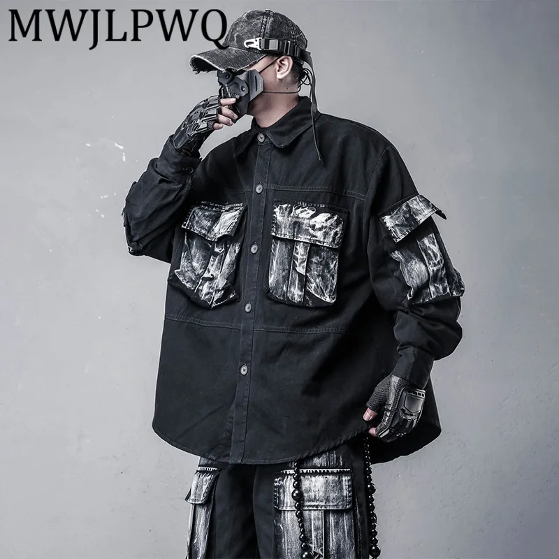

MWJLPWQ Street Style Vintage Hand-Painted Functional Cargo Shirt Large Pocket Dark Loose Hip-Hop High Street Trendy Tops 12083