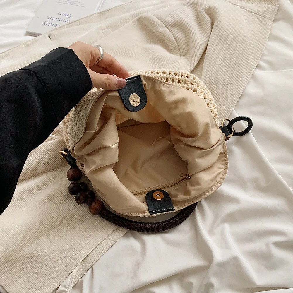 حقيبة شاطئ صيفية للنساء بحزام قابل للتعديل حقيبة كتف منسوجة ذات سعة كبيرة حقيبة متماسكة حقيبة هوبو لقضاء عطلة السفر #4