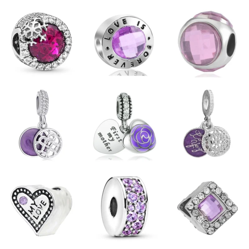 2024 New Purple Charms Love Heart Feather Diamonds Charms Beads For Pandora Bracelets Keychain Necklace DIY Jewelry For MOM Gift